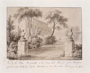 Vista de Villa Bianchetti en Croce del Biacco cerca de Bolonia, grabado por S.A.I. después de Busatti, coloreado por M. Hofer, diciembre 1814