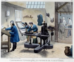 Vista de un taller de impresión: el tipógrafo y el fabricante de caracteres. Litografía de Bineteau