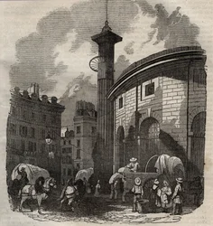 Vista de la halle au blé en París (construida en 1763-1769) y la columna de Medici, grabado a principios del siglo XIX - intercambio de trigo y maíz en París (construido en 1763-1769), grabado a principios del siglo XIX - Vista de la Halle au blé, ubicada 