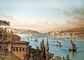 Vista de barcos en el Bósforo y el castillo de Rumeli Hisari con Estambul en la distancia