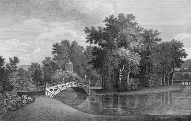 Vista del Puente y el Templo de Venus en los Jardines de West Wycombe, de Jardins Anglo-Chinois a la Mode, por George Louis le Rouge, publicado 1770-87