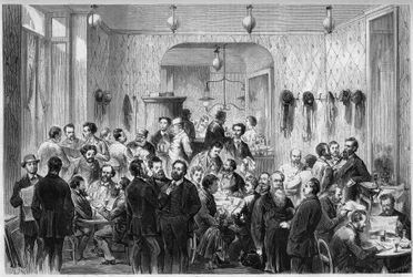 Vista del "Café du Levant", en Ginebra, lugar de encuentro para los refugiados de la Comuna de París y la Comuna de Lyon. De izquierda a derecha están representados: Masse, Sirdey, Andignous, Jules Frantz, Jules Moutils, Gaillard (padre e hijo), Perrare, J