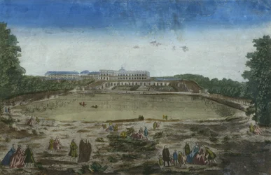 Vista del Chateau y la Orangerie desde la Piece deau des Suisses, Versalles, Francia