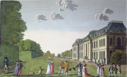 Vista del Chateau de Bellevue desde el jardín, c.1820 (grabado a color)