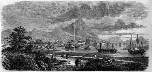 Vista de la ciudad de Hong Kong (Hong Kong) (Isla de la Bahía de Cantón) en 1857. Grabado en "Le Monde Illustré" n°29 del 31 de octubre de 1857.