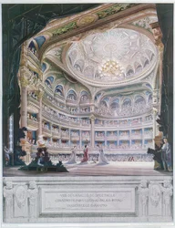 Vista del Teatro de la Comédie Française en 1790, basado en un original de Gaudet y Prudent