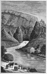Vista de la Fontaine du Vaucluse en el departamento de Vaucluse, región Provenza-Alpes-Costa Azul - Grabado en “Ciencias al alcance de todos: física y química” por Alexis Clerc - Finales del siglo XIX - Colección privada
