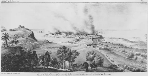 Vista del establecimiento francés en La Calle quemado y destruido por los árabes el 18 de junio de 1827, ilustración de Atlas de lapercu historique, statistique et topographique sur letat dAlger