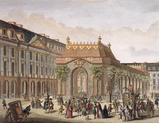 Vista de la Place de Louis le Grand, con una de las salas construidas con motivo del matrimonio de Monseigneur le Dauphin (detalle) (grabado en color)