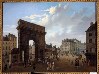 Vista de la Porte Saint Martin en París. Pintura de la Escuela Francesa del siglo XVIII. Colección privada