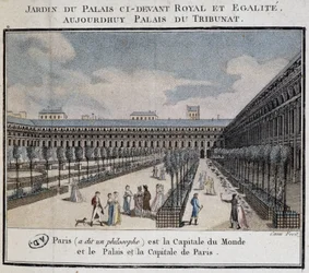 Vista del Palacio Real (Palais du Tribunat) con jardín y paseantes