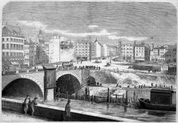 Vista del Puente Saint Michel, construido en 1857, y la Plaza Saint Michel en París