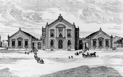 Vista de las Escuelas y el Teatro, Familisterio de Guisa, de Solutions Sociales por Jean-Baptiste Andre Godin (1817-88), París, 1871