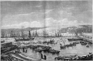 Vista de la ciudad y puerto de Argel (Argelia), durante la llegada de Napoleón III y la Emperatriz Eugenia de Montijo, 17 de septiembre