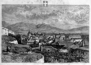 Vista de la ciudad de Chambéry en Saboya. Grabado de 1880 en “La republique illustree” colección privada.