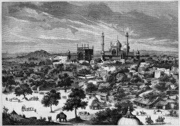 Vista de la ciudad de Delhi (India) en 1857. De un boceto del Príncipe Alexis Soltykoff. Grabado por Bertrand en "Le Monde Illustré" n°20 del 29 de agosto de 1857.