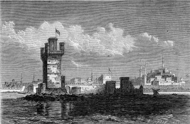Vista de la ciudad de Rodas (Grecia) con la torre cuadrada de San Miguel, destruida durante un terremoto en 1863. Grabado en "Le Monde Illustré" n°320 del 30 de mayo de 1863