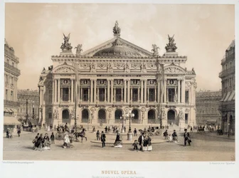 Vista de la fachada de la Ópera Garnier en París con vista al Boulevard des Capucines. Acuarela del siglo XIX. París, Museo Carnavalet