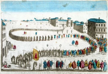 Vista de la gran procesión del auto de fe donde vemos a los criminales juzgados por la Inquisición en Lisboa