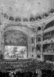 Vista de la sala del teatro Bellecour, en Lyon, construida por Jules Chatron (1831-1884) en 1879. Grabado en "Le Monde Illustré" n°1176 del 11 de octubre