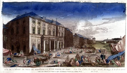 Vista del ayuntamiento de Marsella y parte del puerto, de donde llegaron los cadáveres en la época de la peste en 1720 - grabado