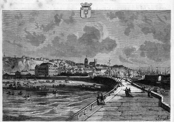 Vista de la ciudad de Boulogne en el Pas de Calais. Grabado de 1880 en "La republique illustree" colección privada.