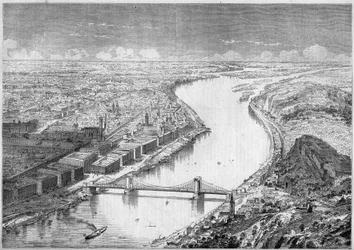 Vistas de la ciudad de Pesth (Pest), capital de Hungría, en 1861, y del Puente Szechenyi, o Puente de las Cadenas, construido entre 1840 y 1849. Grabado en “Le Monde Illustré” n°229 del 31 de agosto de 1861