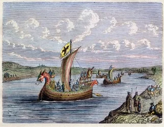 Barco vikingo - Drakkar - Barcos normandos subiendo un río - grabado en 