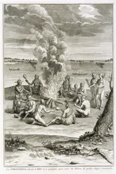 Virginianos Adorando el Fuego y Regocijándose por haber sido Liberados de un Peligro Considerable, ilustración de Ceremonias y Costumbres Religiosas, grabado por Bernard Picart, 1721