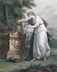 La virtud rinde homenaje en la tumba de Rousseau, Ermenonville (Tombeau de Jean Jacques Rousseau), 1866 (grabado a puntos coloreado a mano)