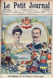 Vittorio Emanuele III di Savoia y Elena di Savoia - Rey Víctor Manuel III y Reina Elena de Italia. Víctor Manuel III, Rey de Italia, y Reina Elena. Ilustración para Le petit Journal, 5 de julio de 1903