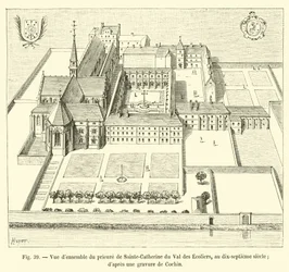 Vista general del priorato de Sainte-Catherine du Val des Escoliers, en el siglo XVII; según un grabado de Cochin