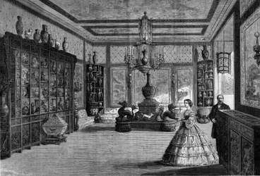 Vista del Museo Chino de la Emperatriz Eugenia de Montijo, instalado en 1863 en el Castillo de Fontainebleau. Grabado en "Le Monde Illustré" n°325 del 4 de julio de 1863