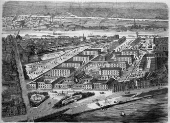 Vista exterior del Hôtel-Dieu en Nantes, inaugurado en 1863. Este hospital será casi completamente destruido durante un bombardeo en 1943. Loira Atlántico (44). Grabado en "Le Monde Illustré" n°347 del 5 de diciembre de 1863.