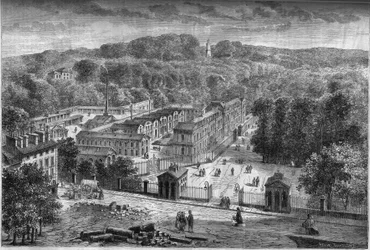 Vista exterior de la manufactura imperial de porcelana de Sèvres, construida en el parque de Saint Cloud según los planos del arquitecto Laudin.