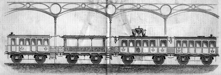 Vagones ocupados por el Emperador Napoleón III (1808-1873) durante el viaje de París a Cherburgo en 1858. Grabado en "Le Monde Illustré" n°70 del 14 de agosto de 1858.