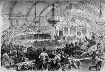 Guerra de 1870 - elecciones legislativas durante el armisticio - febrero de 1871: reunión electoral en el Cabaret des Folies Bergères de París para la proclamación de los candidatos a la Asamblea Nacional. Grabado en «Le Monde Illustré», n.º 722 del 11 de