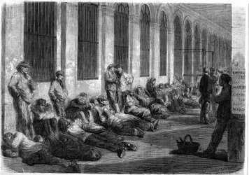 Guerra de 1870: parisinos haciendo cola ante el Ministerio de Finanzas para suscribir el empréstito nacional destinado a financiar la guerra. Escena que representa el día anterior a la apertura de las ventanillas