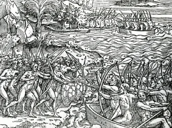 Escena de guerra, Brasil, ilustración de "Singularidades de la Francia Antártica", por André de Thevet, 1558