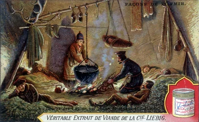 Maneras de dormir: Capa de piel de reno y espuma. Cromolitografía de embalaje Liebig