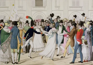Tenemos nuestro Père de Gand, celebración en las Tullerías del regreso de Luis XVIII en 1815 desde Gante después de 100 días (grabado en color)
