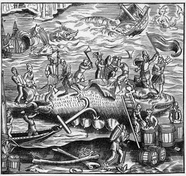 Pesca de ballenas en la costa francesa del Océano Atlántico en la Edad Media. Grabado en “La Marine et les colonies: commerce”