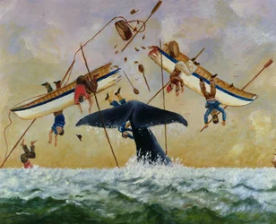 Ballena derribando a pescadores al agua