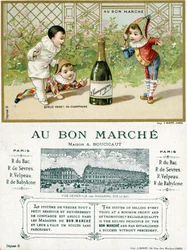 ¡Qué suerte! una botella de champán; anverso y reverso de una tarjeta promocional para los grandes almacenes Bon Marché en París, c.1895