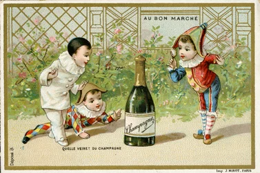 ¡Qué suerte! una botella de champán, tarjeta promocional para los grandes almacenes parisinos Au Bon Marché, c.1895