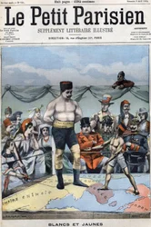 Blanco y amarillo (caricatura sobre la guerra ruso-japonesa: países como Francia, EE. UU., China ... observan a Japón y Rusia boxear). Portada de Le Petit Parisien del 3 de abril