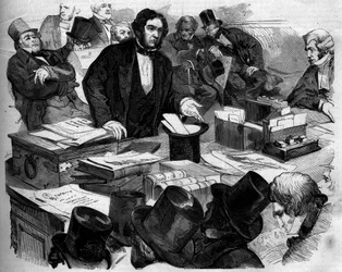 William Ewart Gladstone (1809-1898), político inglés, Canciller del Canciller, presentando el presupuesto y comercio en la Cámara de los Comunes. Londres, Inglaterra