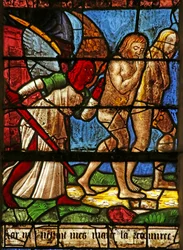 Ventana que representa a Adán y Eva siendo expulsados del Edén (vidriera)