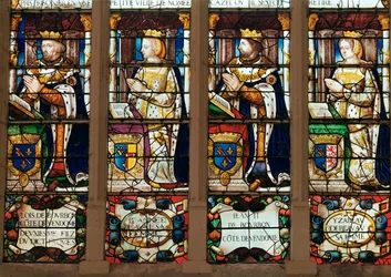 Ventana que representa a Louis de Bourbon (1376-1446) Conde de Vendome, Jeanne de Laval (m.1468) Jean II de Bourbon (1446-77) Conde de Vendome e Isabelle de Beauvau (m.1474)