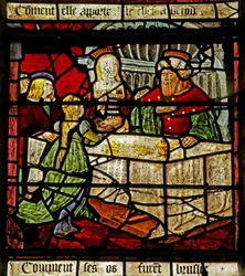 Ventana que representa a San Juan Bautista y Herodes recibiendo su cabeza (vidriera)